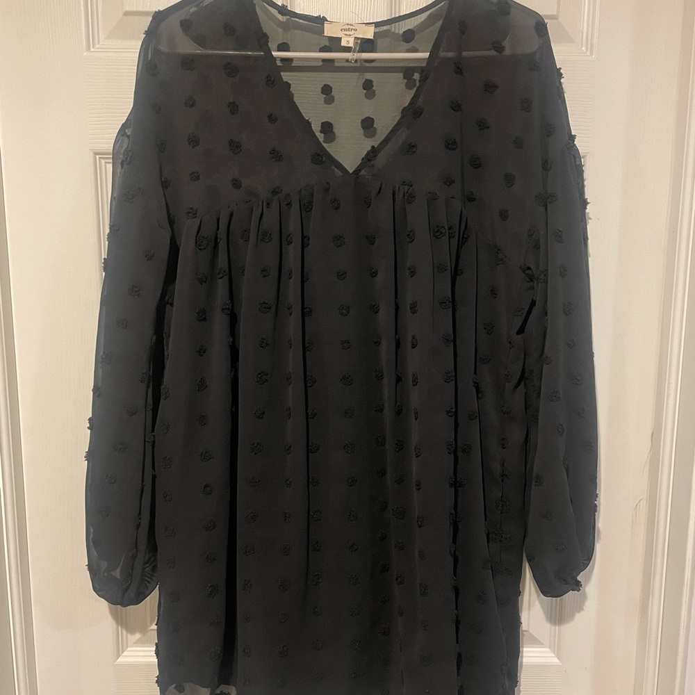 entro Black Long Sleeve Swiss Dot V-Neck Dress